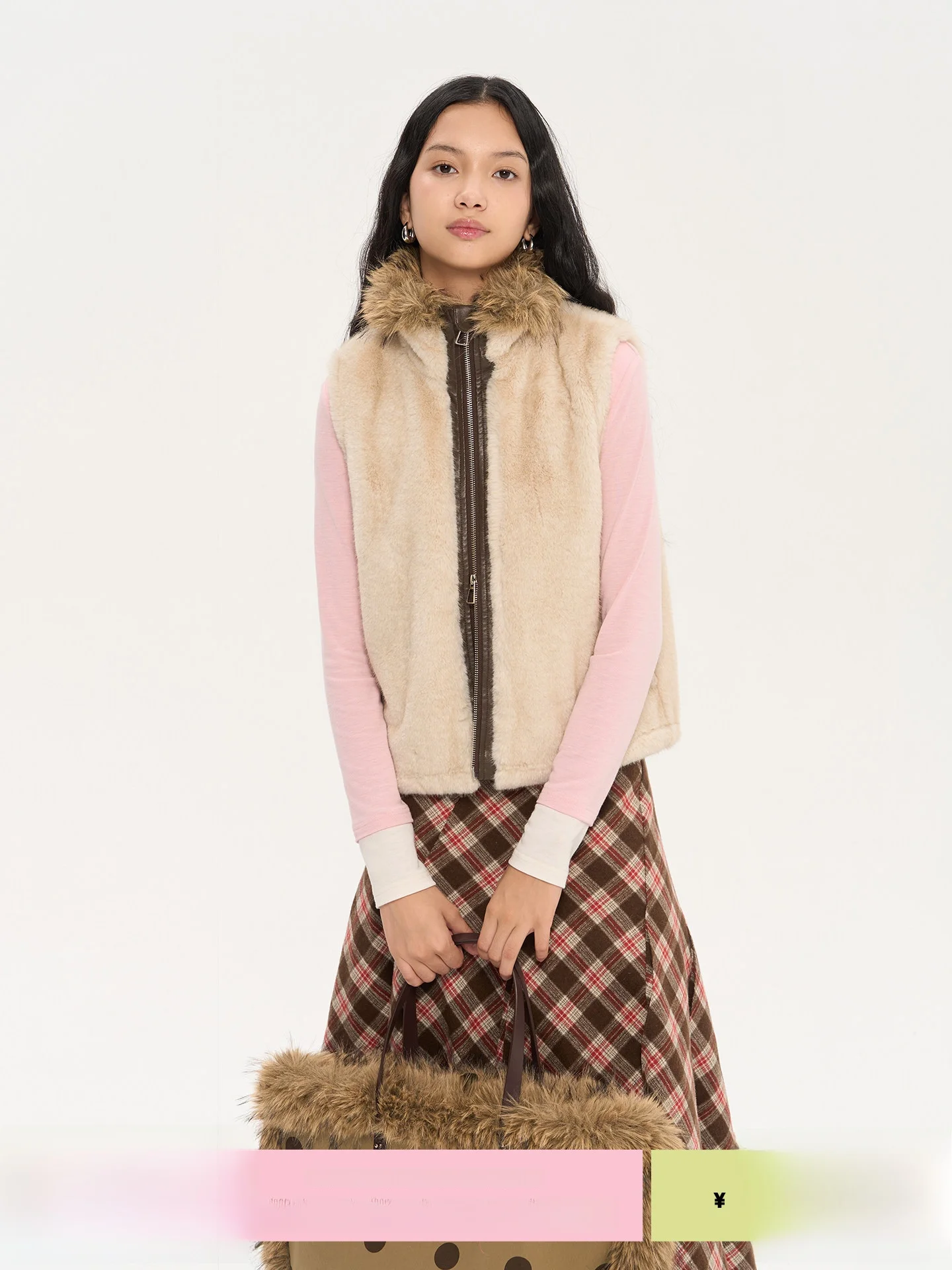 

Eco-Friendly Heris Fur Vest Zipper Trimmed Long Hair Collar Slim Fit Outerwear Polyester Material Commute Sle Pure Color