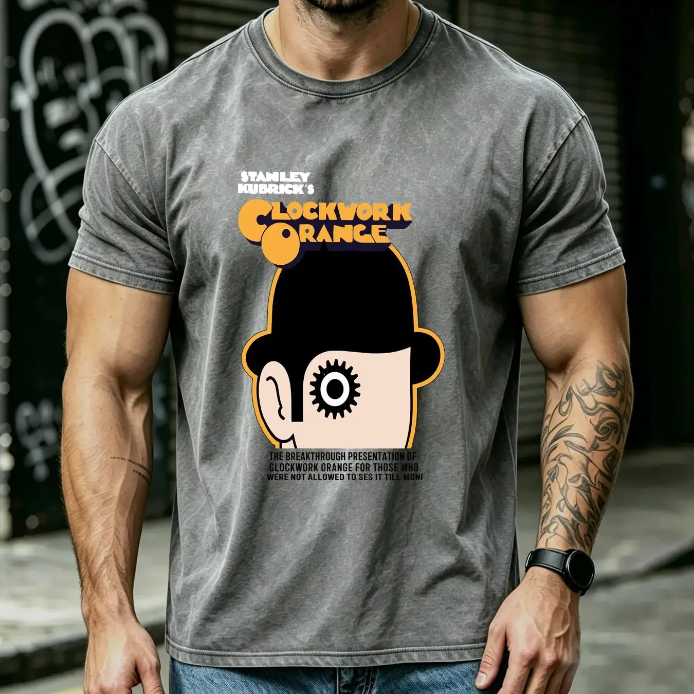 washed T Shirt Orange Mechanical Clockwork Official Men's long or short sleeves vintage Washed Stylish Top For Everyday Wear