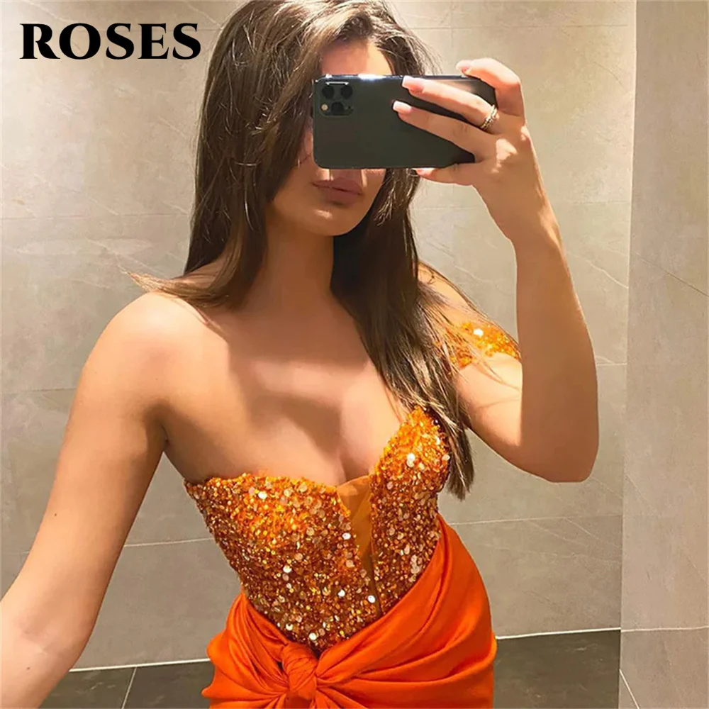 ROSES Sequined Sweetheart Party Dresses Side Split Orange Evening Dresses Stain Mermaid فستان سهرة One Shoulder Evening Gowns