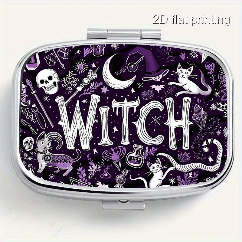 1Pcs Gothic Witch Print Pattern Square Small Box, Two-Compartment Metal Box, Mini Portable Box, Suitable for Travel, Outdoor Activities, or as a Portable Small Case for Wallets and Bags, Decorative Jewelry and Earrings Multi-Functional Metal Box, Small Box for Vitamin Storage, Multi-Compartment Organizer, Suitable for Home Travel, Sealed Moisture-Proof, Unique Holiday Gift, Birthday Small Gift, Collection Box