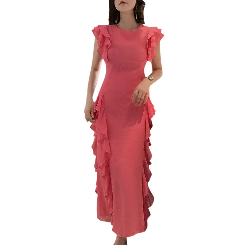 Summer 2023 Women's Clothing Korean Cultivate One's Morality Chiffon Fishtail Dress Female Lotus Leaf Skirt Rose Red Noble Dress