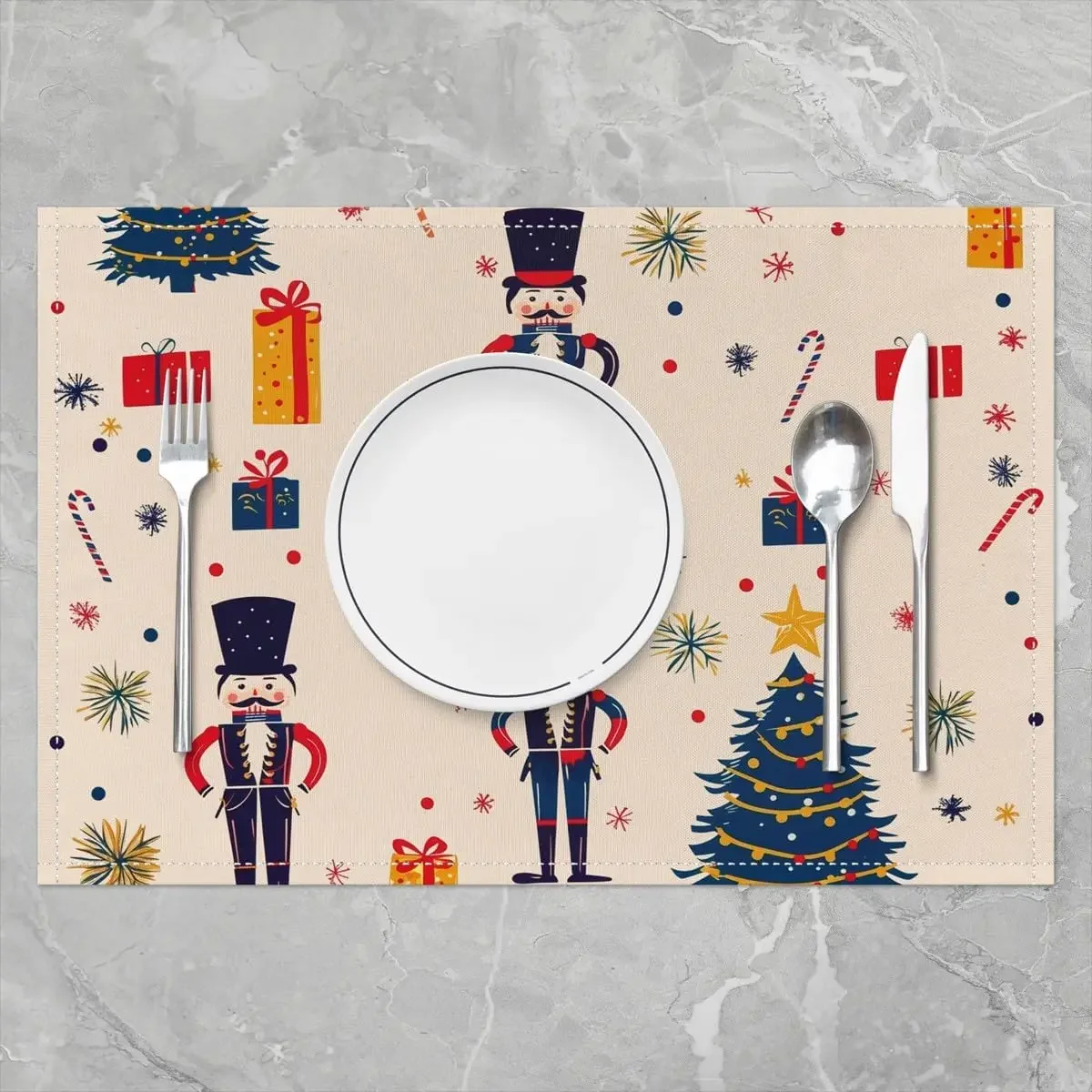 4/6pcs Nutcracker Royal Guard Christmas Tree Snowflake Print Single-Sided Kids Placemat Set for Holiday Table Decor