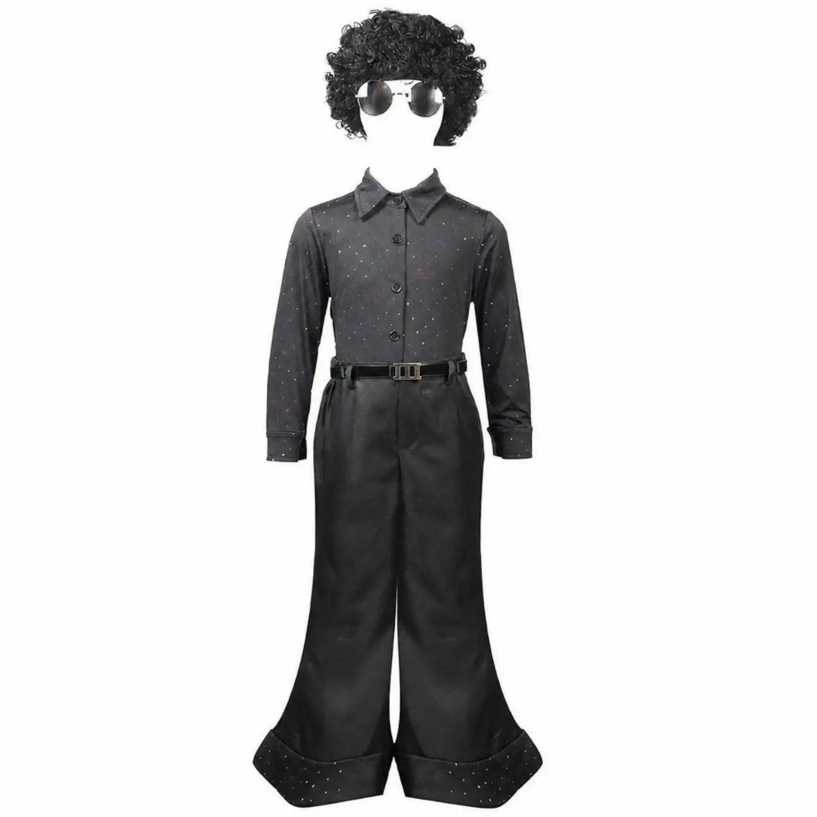 Vintage Disco Outfit for Men Complete Set with Multicolor Retro Shirt Flared Trousers and Hairpiece for Party Wear