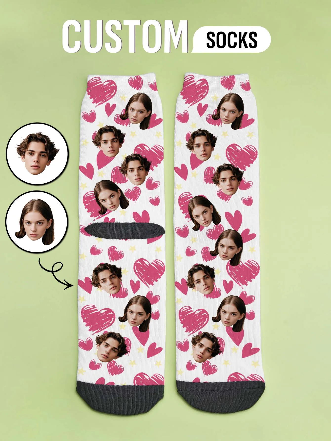 Custom Face Socks Personalized Photo Socks with Love Pattern Funny Custom Socks Two Sizes Available Gift for Couples Friends Fam