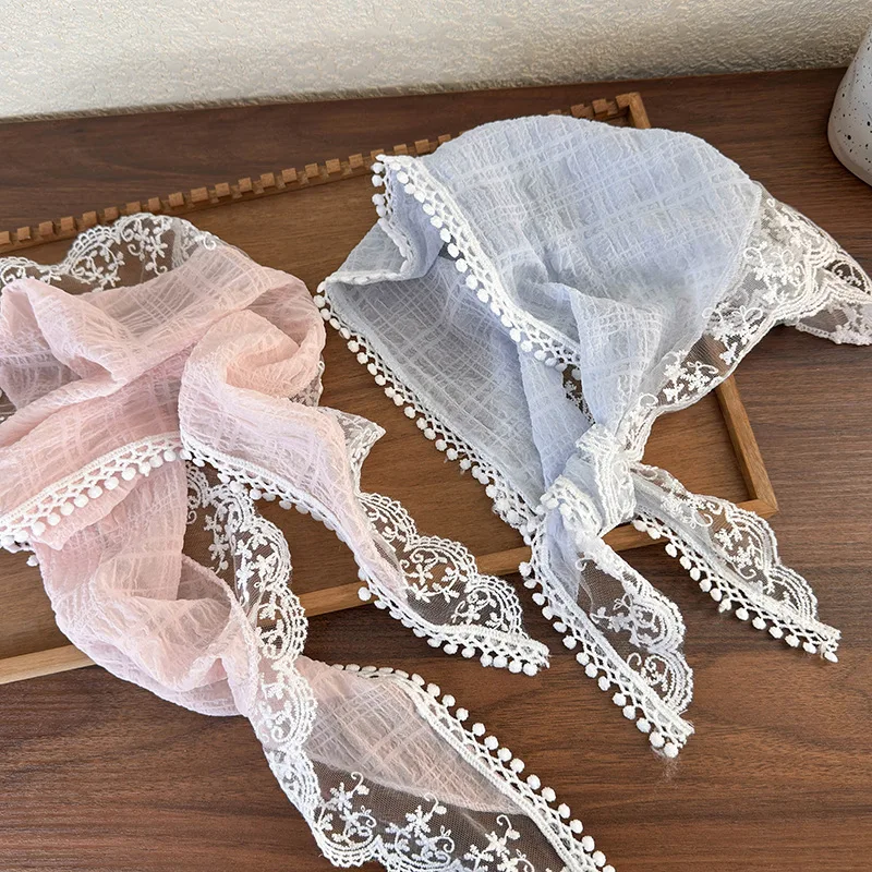 Lace Triangle Hair Scarf for Women Plaid Silk Ribbon Headscarf Girls French Headbands Pastoral Retro Bandana Summer Accersories