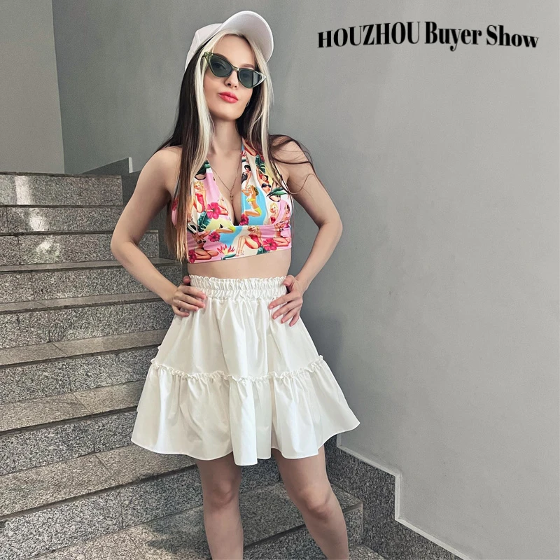 HOUZHOU Kawaii Cute Mini Skirt Women Korean Fashion Patchwork Fairycore High Waist Fluffy White Skirt Vacation Outfits Summer