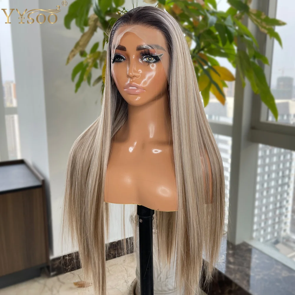 YYsoo-Long Silky Straight Ombre Destaca Peruca Sintética, Lace Front Perucas para Mulheres, Pré Arrancadas Linha Fina, Raízes Escuras, 13x4