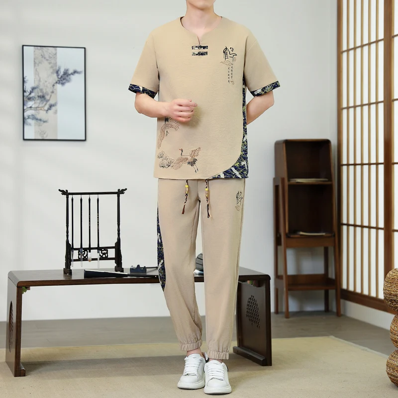 

Short-Sleeved+Trousers Men'S Summer New Style Trendy Loose shirt men High-Quality Fashionable Trendy Breathable Casual Set