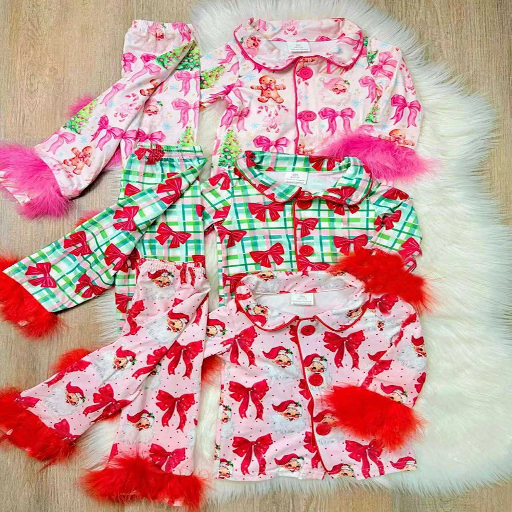 

Sibling Girls Red Fur Green Plaid Bow Christmas Pajamas Button down Gingerbread Cookie Christmas Tree Patterned Sleepwear