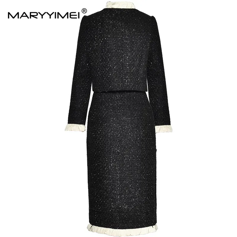 MARYYIMEI Autumn Winter Women's Suit Embroidery Design Single-breasted Tops+Pretty Slim-Fit Hip Wrap skirt Black 2 piece set