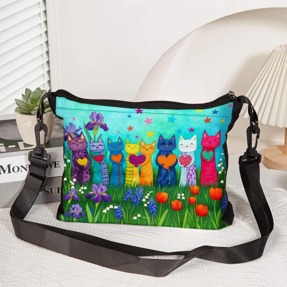 1pc Colorful Cats Garden Print Crossbody Bag Multicolor Cat And Flower Pattern Shoulder Bags For Women Outdoor Travel Shopping D