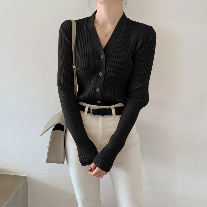 Autumn Winter Clothes Elegant V-Neck Slim Button Knitted Cardigan Women Korean Simple Black White All-Match Basic Ladies Sweater