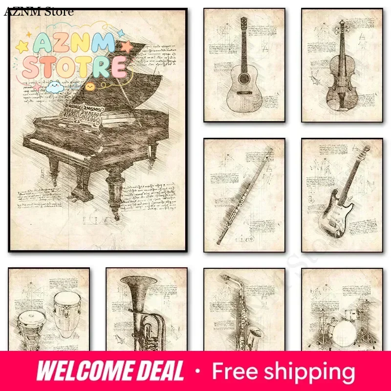 Inspired Sketch Canvas Painting Poster Musical Instruments Piano Violin Decoration Printing Wall Art Bedroom Home Decoration