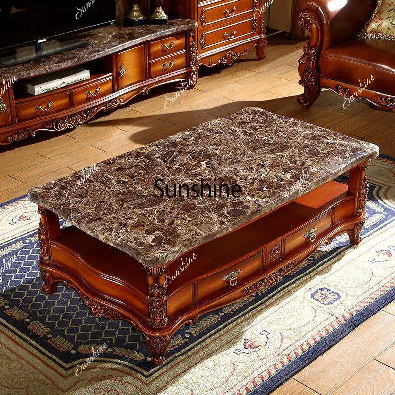 

European coffee table solid wood, classical luxury, guest carving, square height home