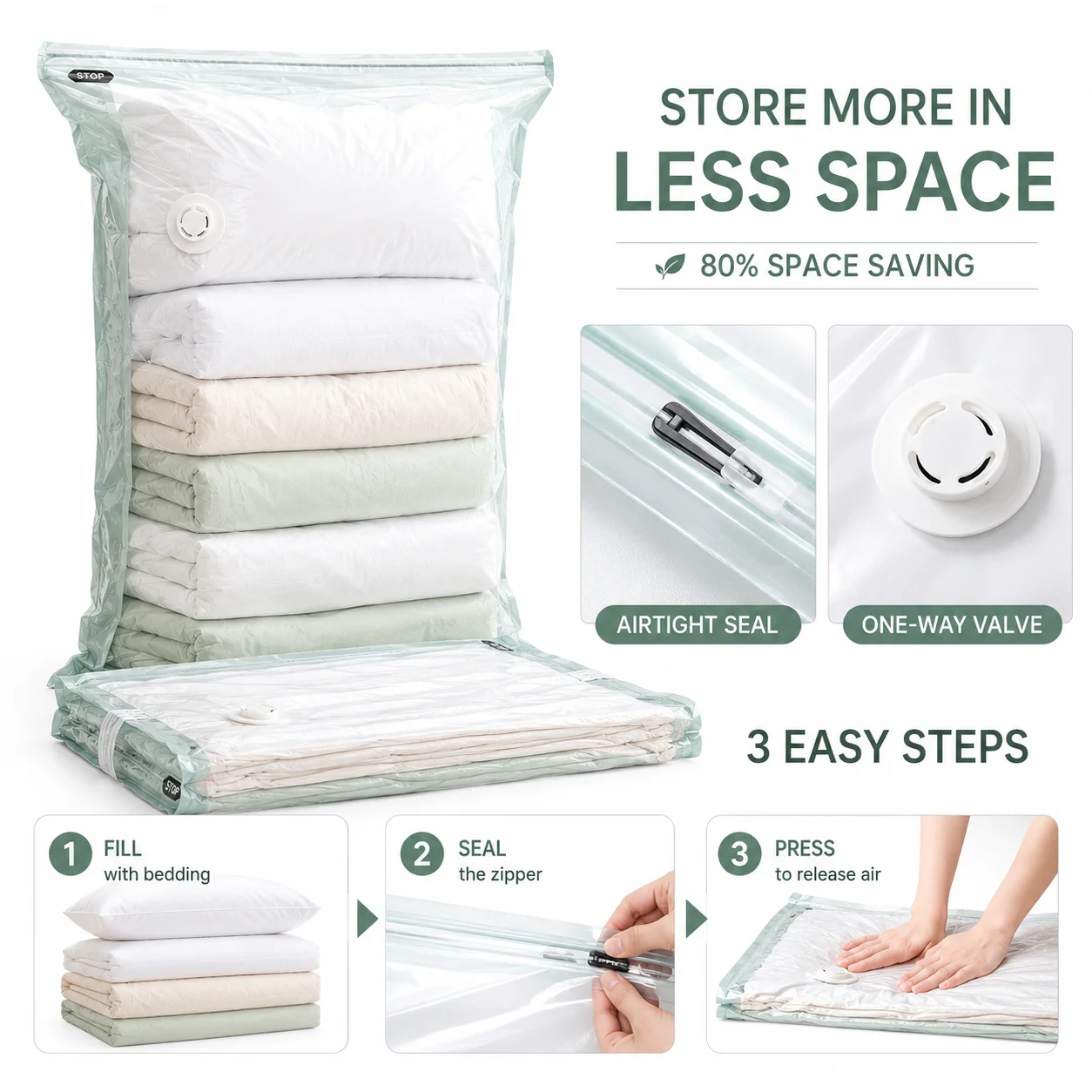 Bolsas de Almacenamiento al Vacío sin Bomba, Organizador de Compresión Extra Grande para Ropa, Mantas, Ropa de Cama, Ahorro de Espacio en el Armario