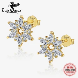 TrustDavis Echte 925 Sterling Zilveren Sneeuw Bloem Zirkoon Glanzende Stud Oorbellen Vrouwen Prachtige 14 K Vergulde Sieraden Gift L134
