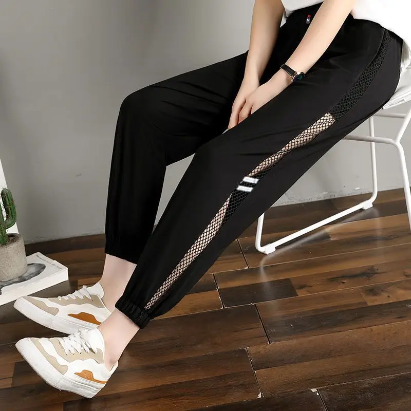 Summer Women's Commuter Large Solid Elastic High Waist Loose Gauze Hollow Out Pockets Casual Harlan Ice Silk Belted Sports Pants