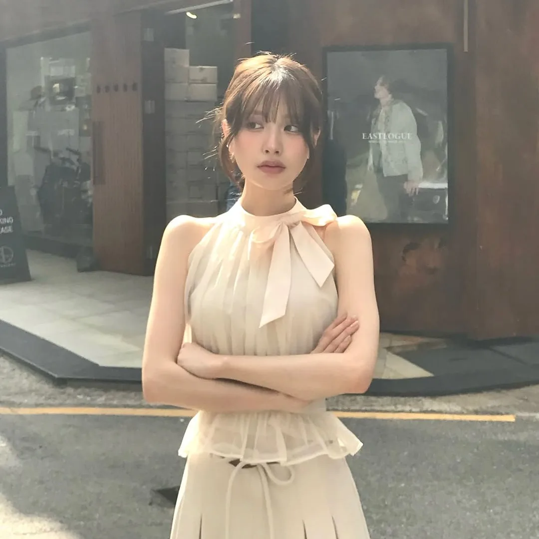 Ele Silk irt Women's Dongda Gate INS Sle Waist-Cinching Bowtie Svel Top Sweet French Sle round Ne Pure Color