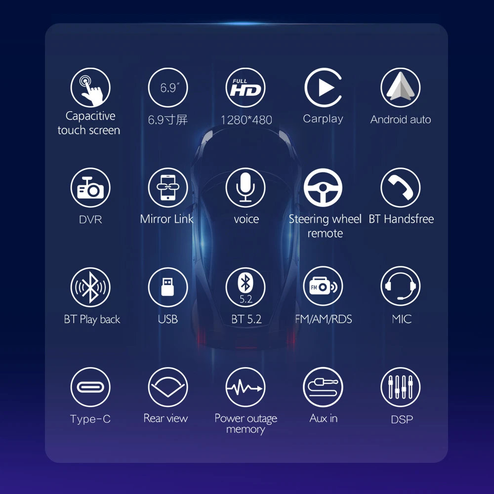 

6288 Вт 6,9 дюйма WinCE MP5 с одним шпинделем: беспроводной CarPlay, FM/AM RDS и Bluetooth