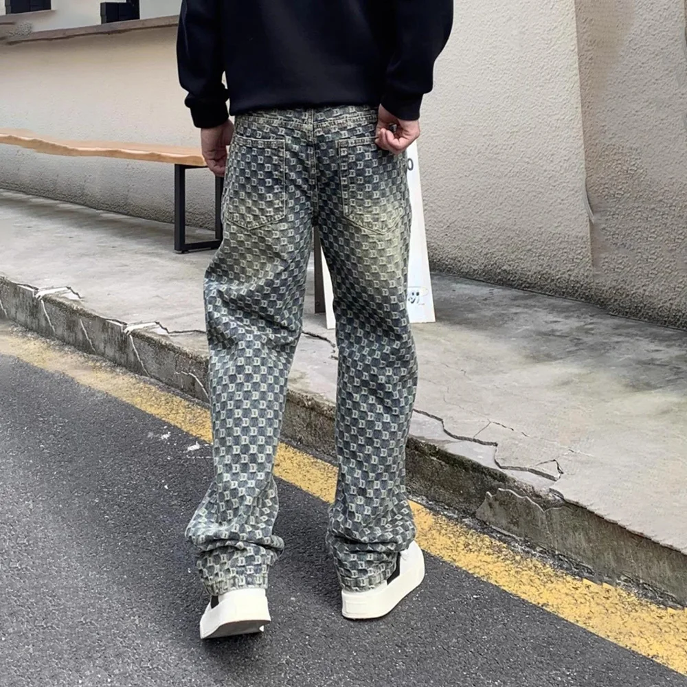 だぶだぶのジーンズメンズジャカードストレートジーンズヴィンテージアメリカンスタイルハイストリートヒップホップファッションカジュアル 2025 夏の新男性ボトムス