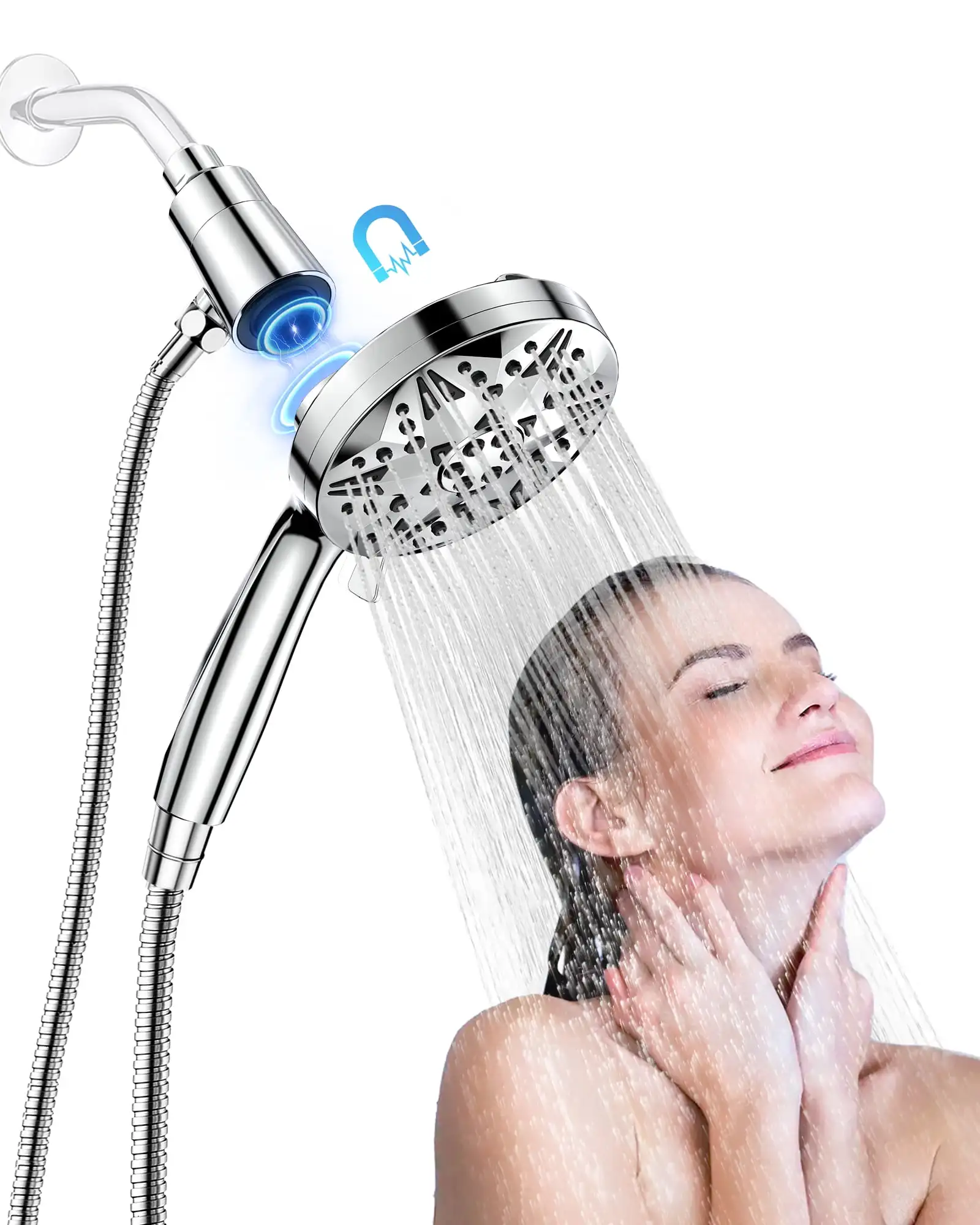 

Handheld Showerhead w/ Magnetic Docking Brackets,High Pressure 10 Spray Modes Shower Head,New
