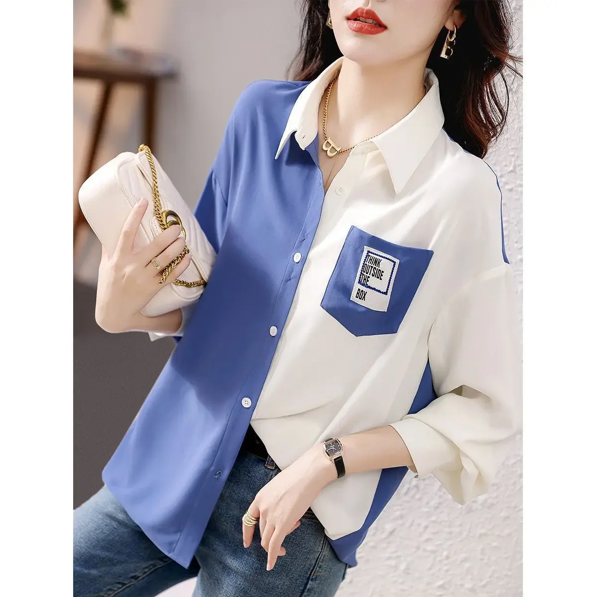 Turn-down Collar Thin Loose Pocket Button Splicing Irregular Leisure Loose All Season Women\'s Clothing 2022 Fashion Office Lady