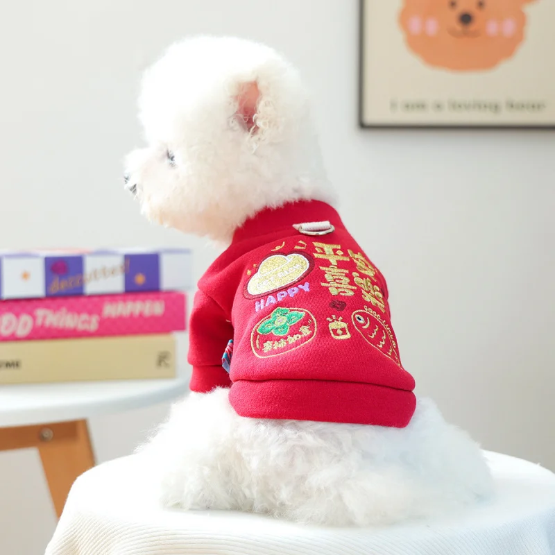 

Pet Dog Cat Hoodie Winter New Year Red Warm Sweatshirt, Blessing Print Cozy Clothing for Small Dogs Puppy Autumn Fall