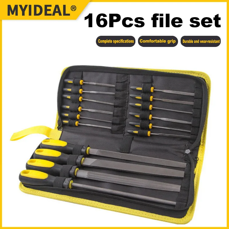 16pcs File Tool Set with Carry Case Premium Grade T12 Drop Forged Precision Flat/Triangle/Half-round/Round Large File