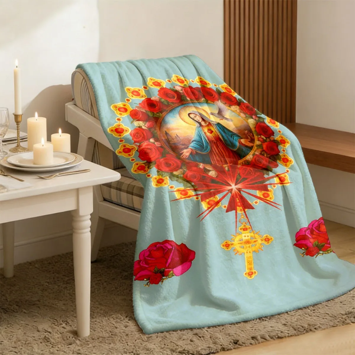 Sacred Heart Jesus Rose Cross Flannel Fleece Blanket Soft Warm Throw for Sofa Bed Home Decor