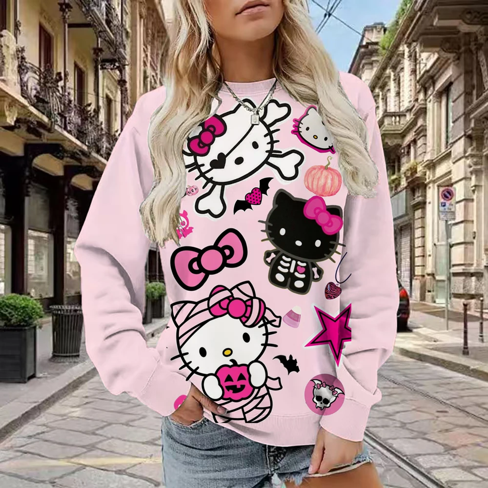 سويت شيرت نسائي منقوش عليه Hello Kitty، بلوفر مريح بأكمام طويلة، تصميم كرتوني برقبة دائرية، نمط كاجوال للخريف أ #3