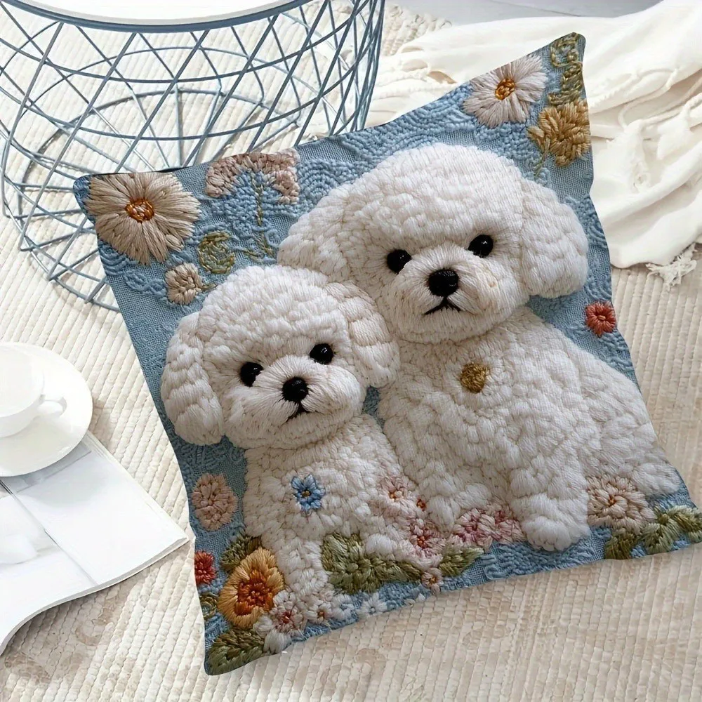 3 Poodle Teddy Faux Embroidery Pillow Cover 45x45cm Linen Cushion Case Sofa Home Decor Pet Decorative Pillowcase No Insert