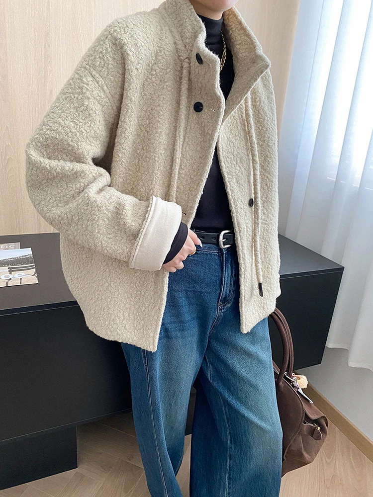 Fanan casacos de design de pele sintética com cordão para mulheres gola única breasted grosso jaquetas quentes femininas tops 2025 inverno novo