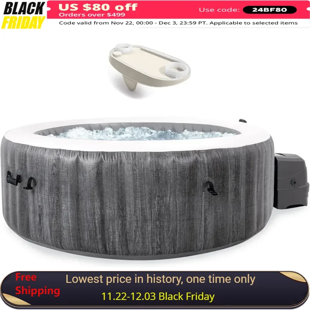 Outdoor Hot Tub with Tablet LED Lights Cupholders Mobile Phone Spa Tray Accessory, Portable Inflatable Hot Tub Bubble Jet Spa