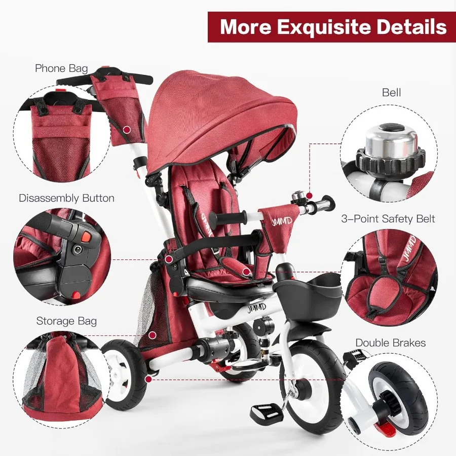8 in 1 Tricycle Stroller with Push Handle, Foldable Trike with 360° Swivel Seat, Reclining Backrest, All-Terrain Wheels, Dual Br