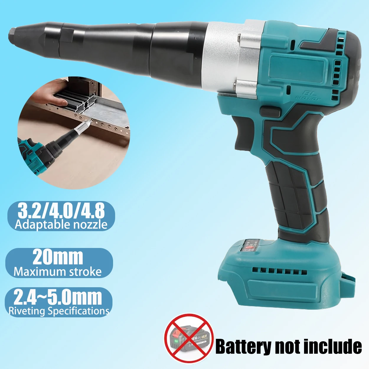

Brushless Cordless Electric Rivet Gun, 20mm Max Stroke, 2.4-5.0mm Rivet Range, 3.2/4.0/4.8mm Replaceable Nozzles (Bare Machine)