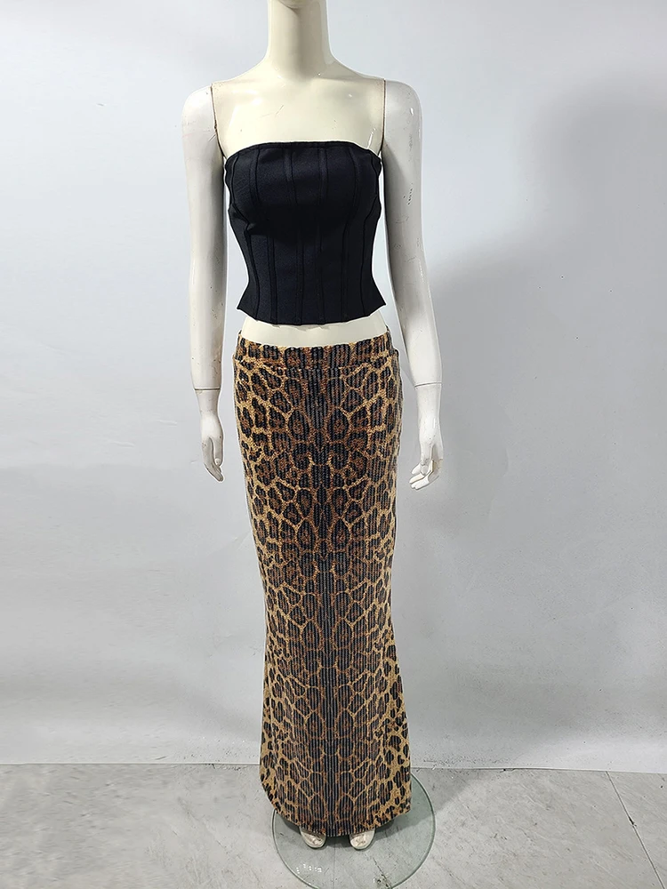 Women Leopard Skirt Two Piece Sets Sexy Black Strapless Corset Top + Sequins Leopard Long Skirts Suits Evening Cocktail Suits view 4