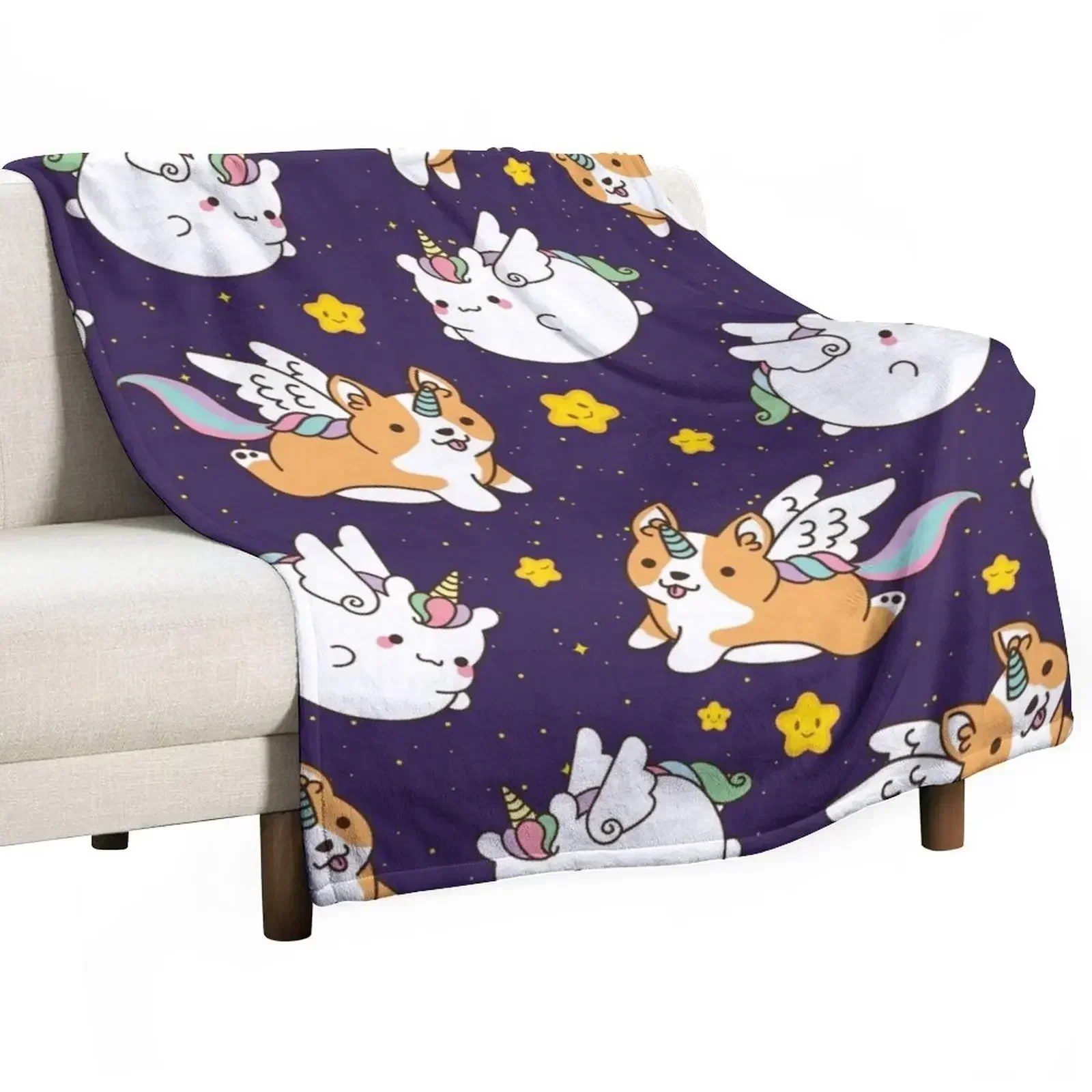 Unicorn and Corgi Unicorn Flying in the Sky Throw Blanket Multi-Purpose Thin Nap Custom funny gift Weighted Blankets