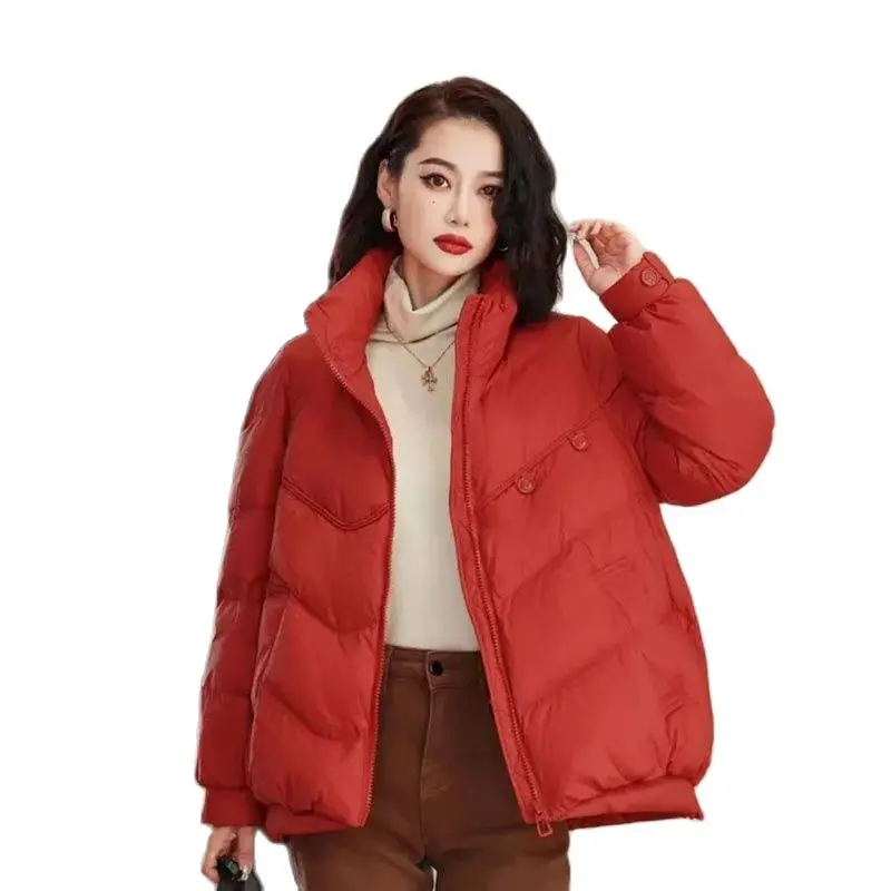 

Winter New Down Jacket Ladies Slim Outcoat Fashion Joker Loose Collar Warm And Casual Solid Color Zipper Pocket Overcoat