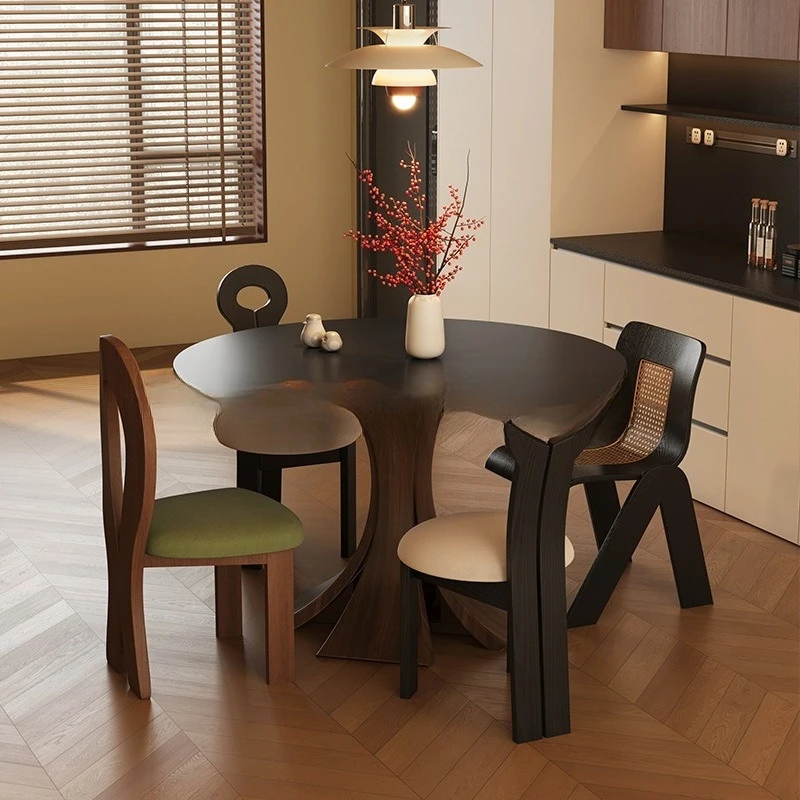 slab dining tables, strict luxury, antique black round dining table, round table, solid wood small apartment dining table