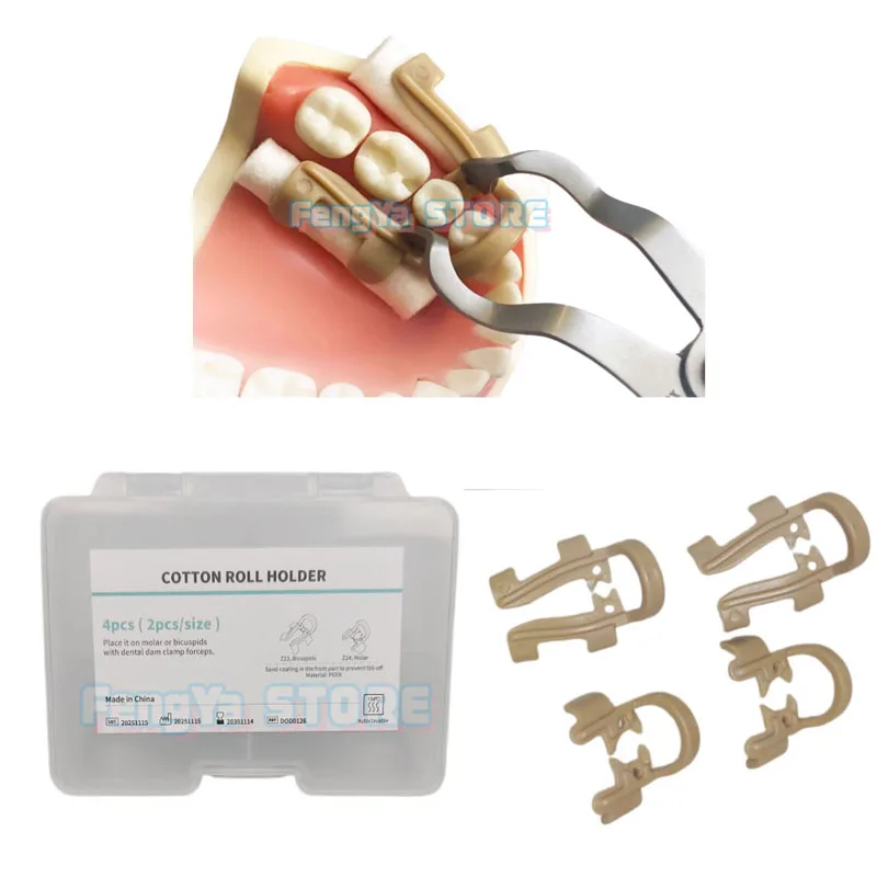 4Pcs/Box Dental Cotton Roll Holder Clips Resin Cotton Roll Clips for Premolar Molar Hemostatic Clamps Endodontic Restorative Use