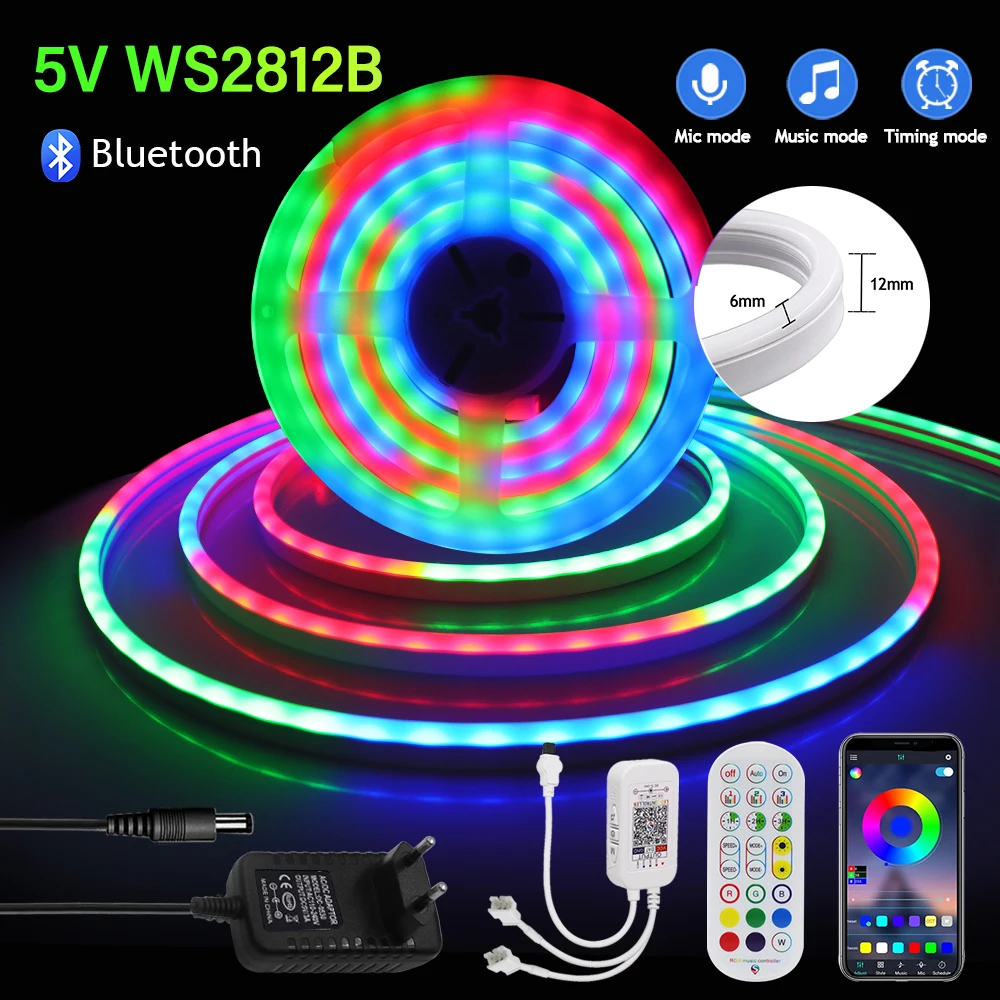 Silcone Neon LED Strip Light 5V WS2812B RGB Dream Color Bluetooth Remote Control Waterproof Neon Light Bedroom TV Backlight