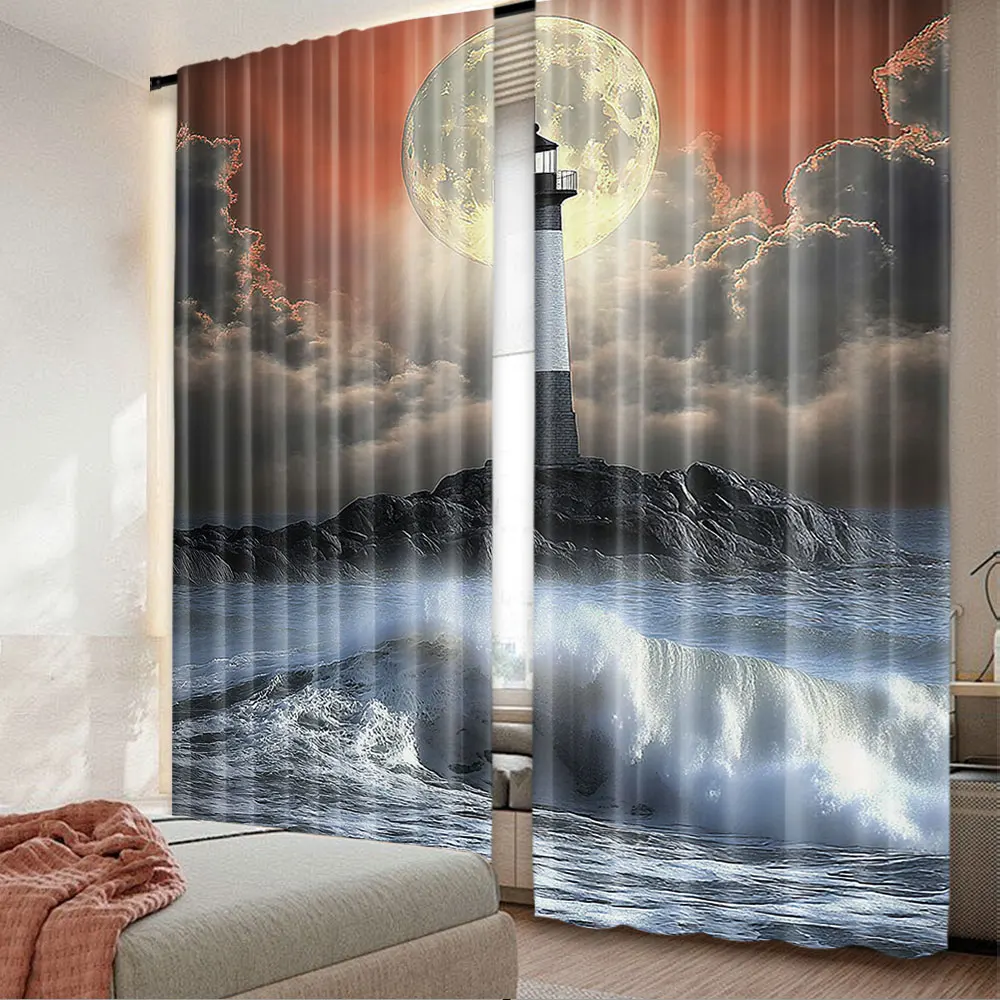 

2Pcs Lighthouse Curtain Oil Painting Style Art Of Stormy Sea Splashing Waves Moon And Lighthouse Suitable For Bedroom Bathroom