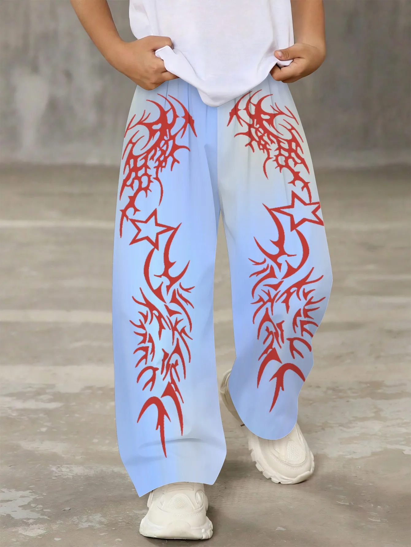 Men's Gothic Star Printed Wide Leg Pants Drawstring Elastic Waist Street Loose Straight Casual Pants