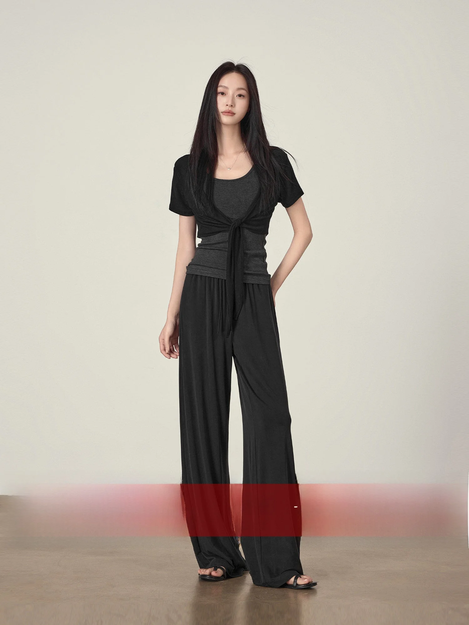 

Black Casual Pants Women's Summer Thin Drapey Pants Lazy Style High Waist Loose Wide Leg Pants Casual Style Pure Color Pleated