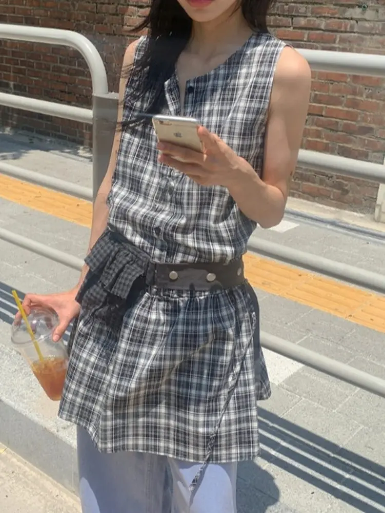 Dames Plaid Svel Vest Dr Hoge Taille A-lijn ort Rok Trendy Dstring Afslanken ter Ne Zomer Katoen Dr