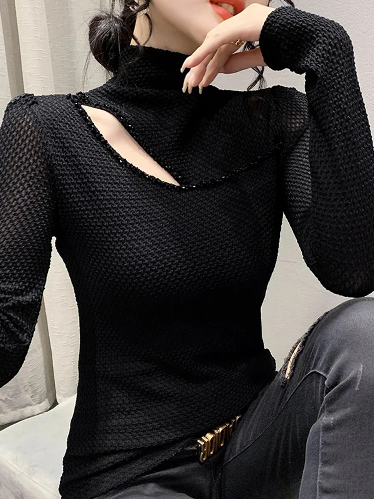 

Winsleter Elegant Basic Tshirt Long Sleeve Tees Autumn Winter Women Sexy Half Neck Diamonds Hollow Out Slim Lace Tops T30865JC