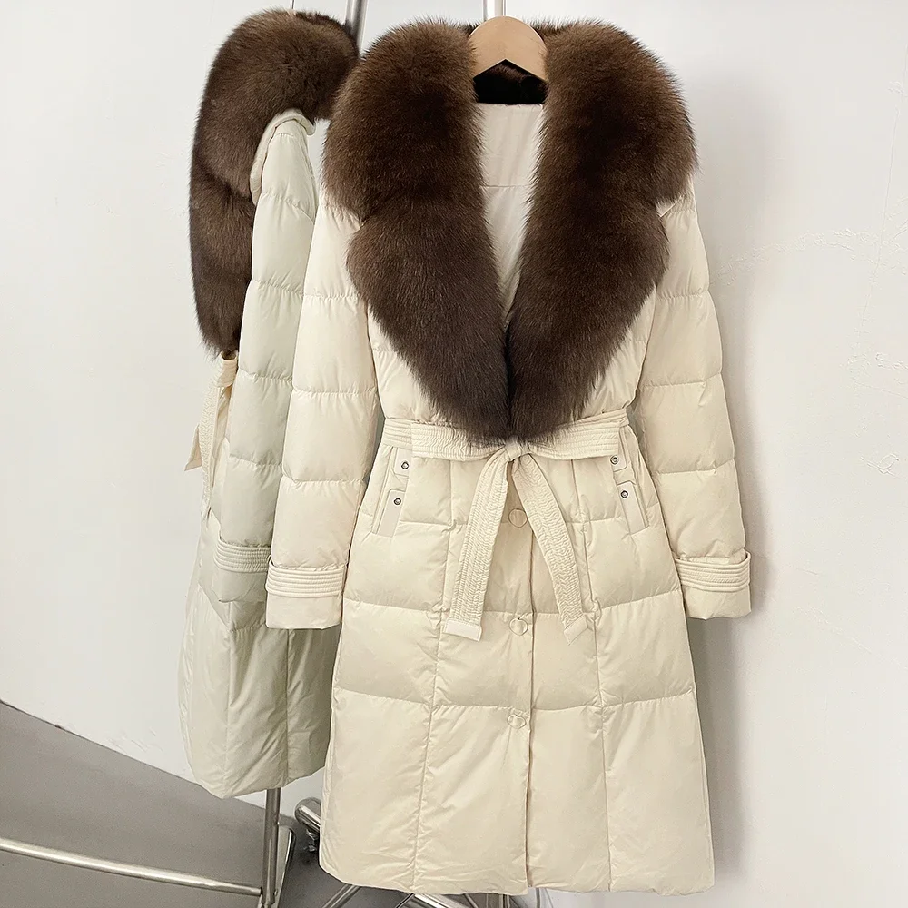 Gola de pele de raposa real pato branco para baixo jaqueta à prova dwaterproof água feminino quente outono inverno puffer jaqueta penas casaco de pele de realidade feminino