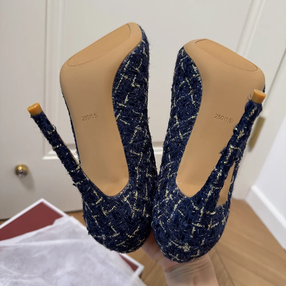 حذاء Tikicup للسيدات باللون الأزرق الداكن من التويد بمقدمة مدببة وكعب ستيليتو بدلة أنيقة مثالية لحفلات الزفاف، أحذية حفلات لليالي التاريخ