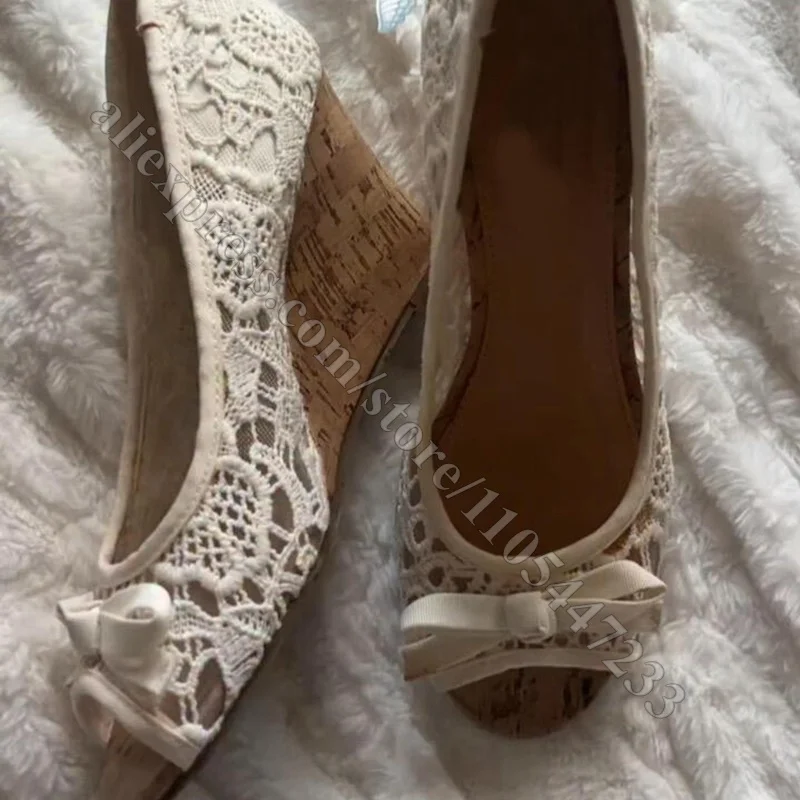 Women White Lace Wedge Pumps Crochet Hollow Out Closed Toe Bowknot Cork Sole Espadrille Heels Boho Bridal Summer Party Shoes