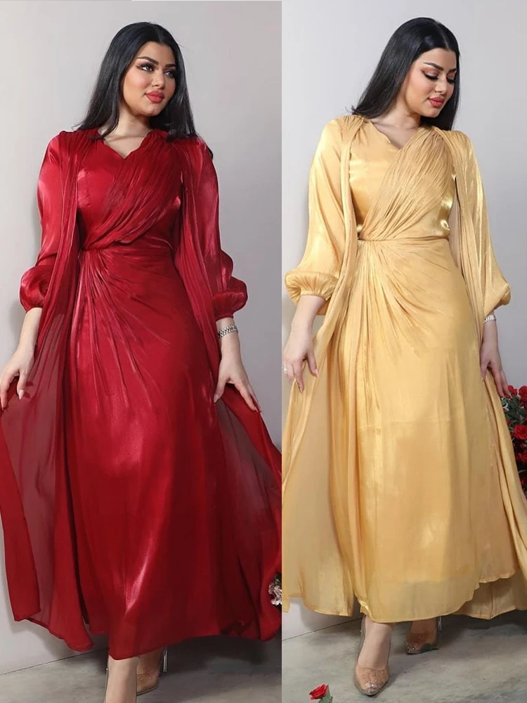 Morocco Party Dress Women Abaya 2 Piece Set Silky Satin Dubai Muslim Dresses Eid Caftan Evening Long Robe Vestidos Abayas Robe